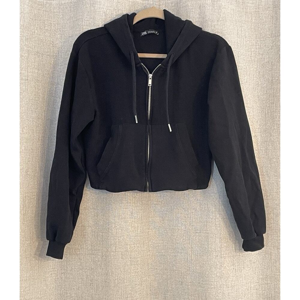 Zara Black Cropped Zip Up Hoodie Sweatshirt Womens Size Large